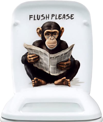 Grappige Chimpansee Toilet Sticker ‘FLUSH PLEASE’ – Cartoon Aap Leest Krant, Zelfklevende Badkamer & WC Decoratie, Waterdichte Muursticker