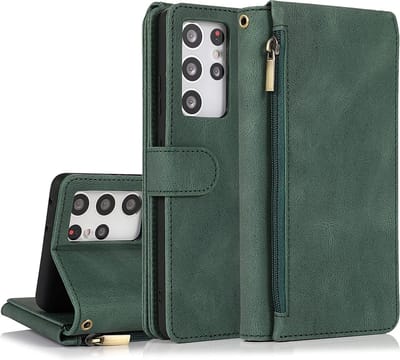 Casemania Hoesje Geschikt voor Samsung Galaxy S22 Ultra - Groen - Luxe Portemonnee Book Case met Rits & Extra Vakken