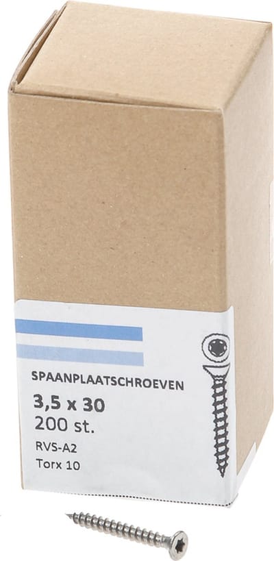 Hoenderdaal Spaanplaatschroef RVS platverzonken kop TX10 voldraad 3.5X30 (per 200 stuks)