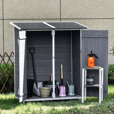 MEUNIQ tuinschuur van hout 139 x 75 x 160 cm met 2 deuren, afsluitbare tuinberging met afschuinend asfaltdak en opvouwbare tuintafel voor tuin of terras, grijs