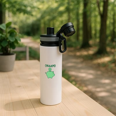 Hacebo® - Groene piggy bank met eigen naam waterfles met draaidop grijs - Varken - iemand die van geld houdt - cadeau voor iemand die houdt van geld - verjaardagscadeau - gift - geschenk - water fles - 850ML