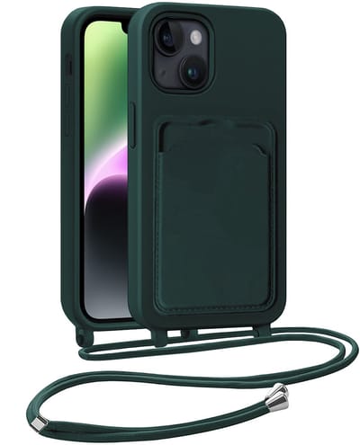 Hoesje Geschikt voor iPhone 13 Hoesje Met Telefoonkoord en Pasjeshouder Siliconen - Hoes Geschikt voor iPhone 13 Hoesje Met Kaarthouder Case - Donkergroen