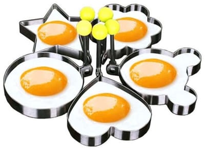 JeiibrZui Omeletvormen - Pannenkoekvormen - 1,5x Ster/Hart/Cirkel/Pruimenbloesem/Mickey Mouse Vormen - 5-delige Set - Kinderontbijtbestek, Zilver