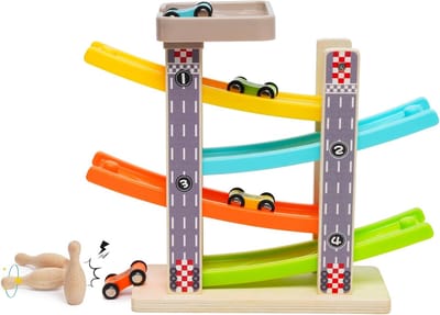 Houten Zigzag Racebaan voor Kinderen met 4 Auto's en Bowlingballen