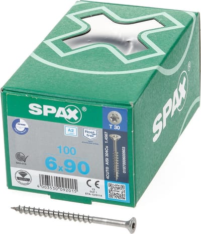 Spax - Spaanplaatschroeven - Torx 30 Platkop - 6 x 90mm - Deeldraad - RVS (100 stuks)