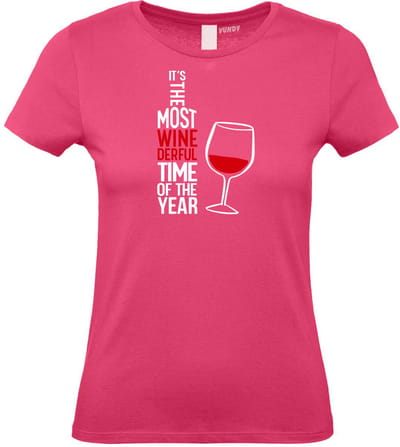 Dames t-shirt Most Wonderfull Wine | Foute Kersttrui Dames Heren | Kerstcadeau | Kerstpakket | Fuchsia (Dames) | maat XS
