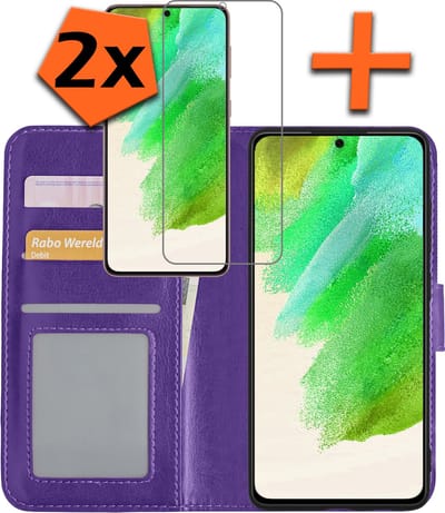 Hoes - Met 2x Screenprotector - Geschikt voor Samsung Galaxy S21 FE - Luxe Pasjeshouder - Bookcase Portemonee - Flip Case - Kunstleer Book Case - Flipcase Hoes - Book Cover - Walletcase - PortemonneeHoes - Paars