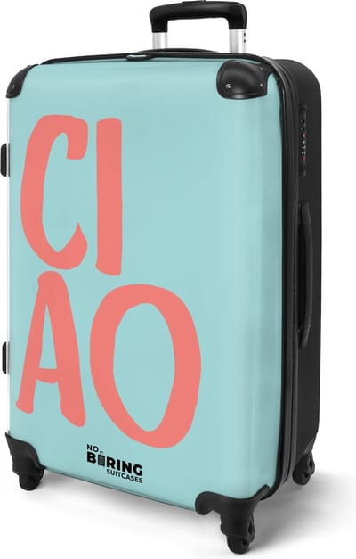 NoBoringSuitcases.com® - Koffer groot - Rolkoffer reizen lichtgewicht - Blauw met roze quote 'ciao' - Bagagekoffer volwassenen - Reiskoffer op 4 wielen - Grote valies trolley XL - 20 kg bagage - Ruimbagage medium
