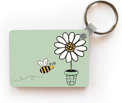 Sleutelhanger - Een illustratie van een bij die naar een witte bloem vliegt - Uitdeelcadeautjes - Plastic