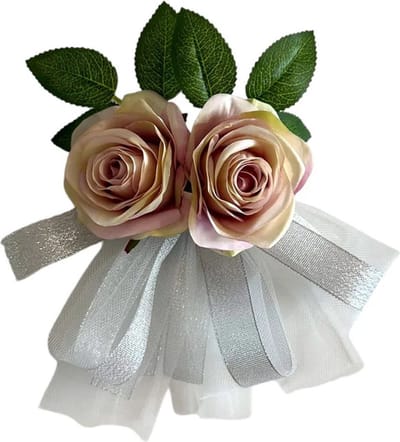 autodeco.nl LINA GLAMOUR Handvatten Decoratie 4 stuks - Trouwauto Versiering - Poeder Lila Rozen met Linten en Tule - Bloemen voor op de Handvatten - Versiering Handvat Auto - Autoversiering voor Volgauto's
