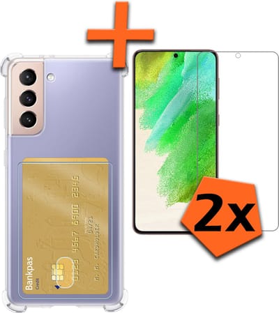 Hoes - Geschikt voor Samsung Galaxy S21 FE - Met 2x Screenprotector - Pashouder - Kaarthouder - Telefoon Hoesje Shockproof - Siliconen Case - Back Cover - Shock Proof - Pasjes Houder - Transparant