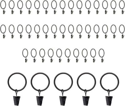40 stuks gordijnringen met clips, mat zwart, binnendiameter 32 mm, gordijnringen, metalen gordijnringen, geschikt voor slaapkamer, woonkamer, eetkamer