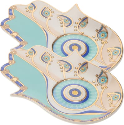 Hamsa Sieraden Schaal - Ringhouder Decoratief - Sieraden Opbergen - Beschermende Handvorm - 2 Stuks - Turquoise Blauw