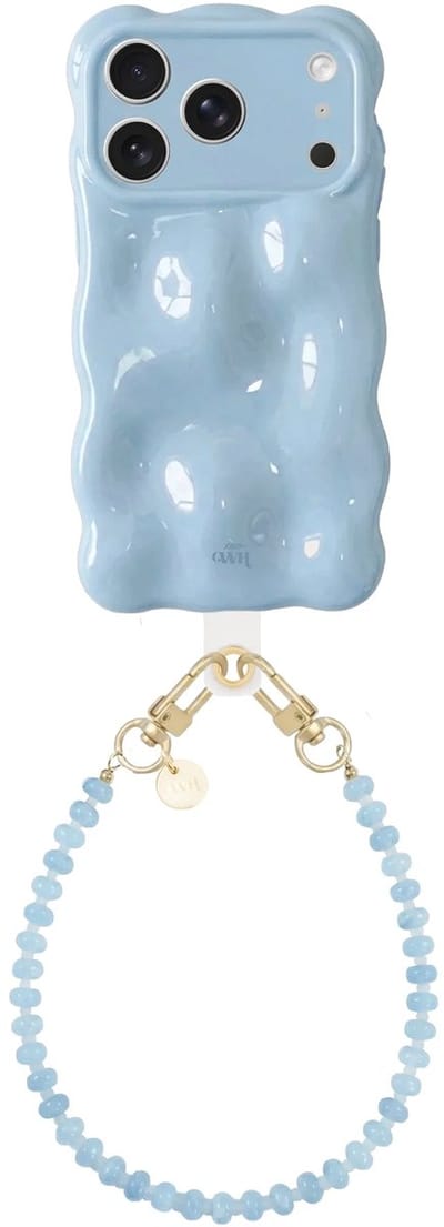 xoxo Wildhearts Bubbly case Ice Blue - Dusty Cord (kort) - Geschikt voor iPhone 17 Pro Max - Hoesje met bobbeltjes inclusief telefoonkoord - Krullende golfvorm - schokbestendig - Telefoonhoesje met koord - Koord ook afneembaar - Blauw