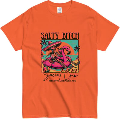Dames Heren T Shirt met Sarcastische Quote – Skelet & Cocktail op Strand – Zomerse Opdruk – Oranje - S