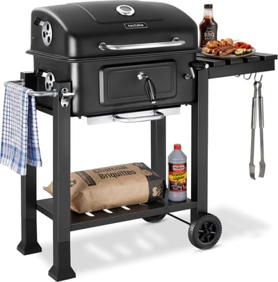 tectake® Houtskool Grill met Thermometer - Smoker op Wielen met Deksel - Barbecue met Opklapbaar Zijrek met Haken - BBQ met in Hoogte Verstelbare Houtskoolbak - Mobiele Grillwagen - Met Aslade en Ventilatieschuiven - Rooster