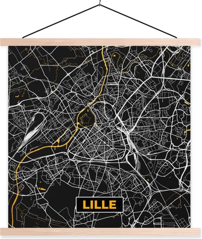 Posterhanger incl. Poster 40x40 cm - Schoolplaat - Frankrijk – Plattegrond – Kaart – Lille – Stadskaart - Textielposter - Blanke latten - Stadskaart