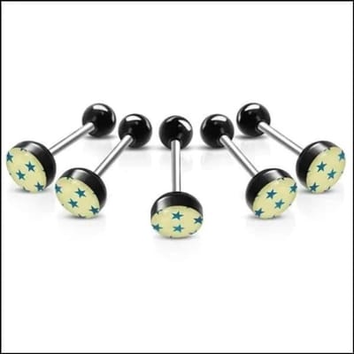 Aramat Jewels | Tongpiercings | Stalen Logo Tongpiercing met Acryl Balletje | Sterretjes-Blauw | |7mm | Staal | Volwassenen | Verkleurd niet