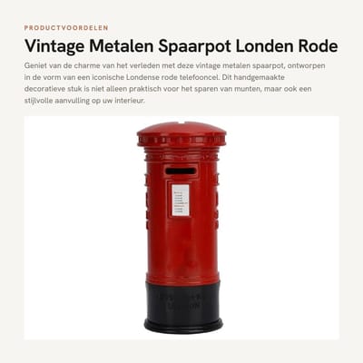 Dailygoods- Spaarpot Vintage Londen Telefooncel - Spaarpot Volwassenen - Spaarpot Kind - Spaarpot Blik - Spaarpot Kluis - Hoogwaardig Metaal - Spaarbank