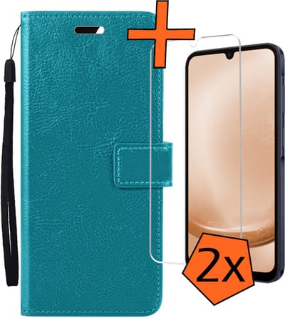 Hoes - Met 2x Screenprotector - Geschikt voor Samsung Galaxy A25 - Luxe Pasjeshouder - Bookcase Portemonee - Flip Case - Kunstleer Book Case - Flipcase Hoes - Book Cover - Walletcase - PortemonneeHoes - Turquoise