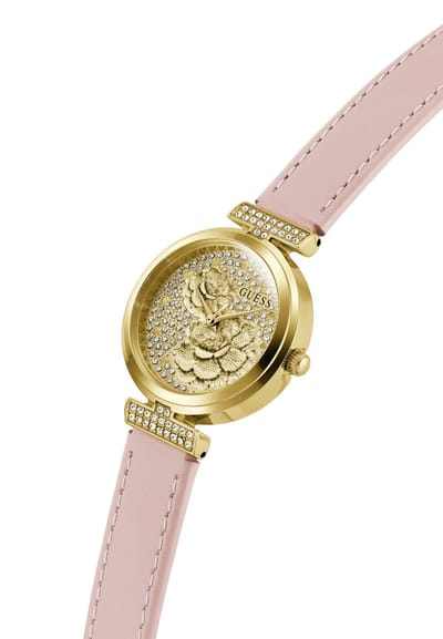 Guess Array Quartz Analoog Horloge Roze Kast Gemaakt Van 100% Roestvrij Staal En Een Armband Van 100% Echt Leer 28 GW1046L2, GW1046L4