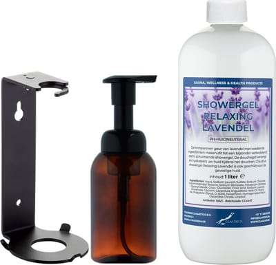 Zeepdispenser 300 ml amber bruin hervulbaar + 1 liter Showergel Relaxing Lavendel navulling (inclusief beugel)