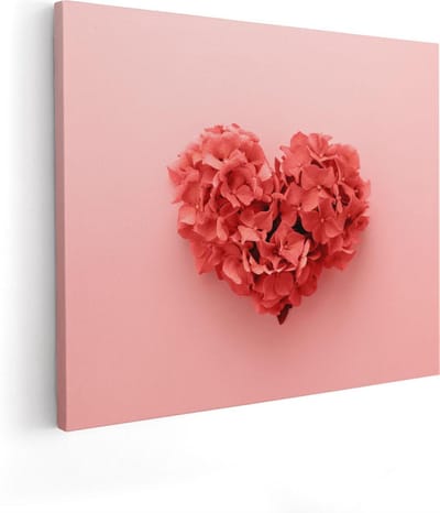 Artaza Canvas Schilderij Hart Bloemen - 50x40 cm - Muurdecoratie Roze Bloemen - Schilderijen Op Canvas Liefde