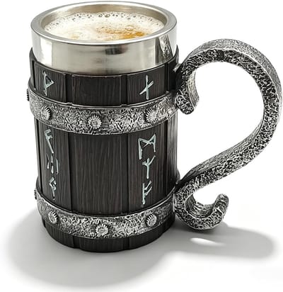 Houten bierpul van 600 ml met roestvrij staal, middeleeuwse stijl, handgemaakt, perfect voor bier en dranken, ideaal als cadeau voor mannen en Vaderdag
