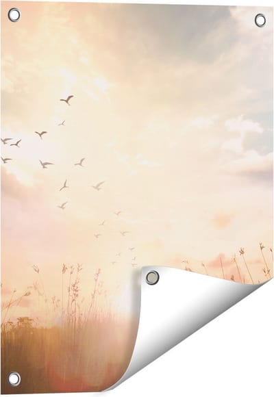 Gards Tuinposter Silhouet Vogels tijdens Zonsopkomst - 40x50 cm - Tuindoek - Tuindecoratie - Wanddecoratie buiten - Tuinschilderij