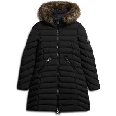 Superdry Halflange Fuji-pufferjas met Capuchon met Imitatiebont Zwart Grootte: 38