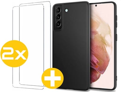 Hoesje en Screenprotector Combi Geschikt Voor Samsung Galaxy S21 FE (Fan Edition) - Zwarte Siliconen Hoesje + 2x Screenprotector