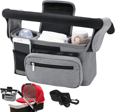 Kinderwagen Organizer - Wandelwagen Tas - Alles Bij De Hand - Waterdicht En Verwijderbaar - 35 x 15 cm - Grijs