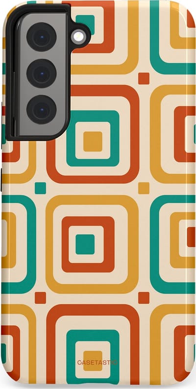 Casetastic hoesje geschikt voor Samsung Galaxy S22 - Dubbellaagse bescherming - Retro Vierkant verlangen - Fashion Case - Crème Terracotta Goud Turquoise