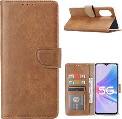 Hoesje Geschikt voor Oppo A97 5G Hoesje met Pasjeshouder Bruin - Hoesje Geschikt voor Oppo A97 hoesje Luxe Booktype Portemonnee case