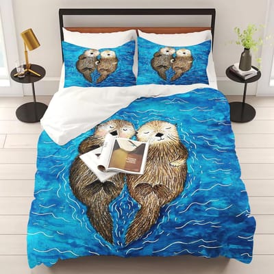 Housse de couette Loutre Animal Dessin animé Ensemble 3 pièces Enfants Mignon Polyester Doux Respirant Couette Animation Literie 135x200cm