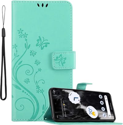 Cadorabo Hoesje geschikt voor Google PIXEL 7 in BLOEMEN TURKOOIS - Beschermhoes in bloemmotief met magnetische sluiting, standfunctie en kaartsleuven Book Case Cover Etui