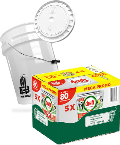 Dreft 80- Platinum Plus vaarwascapsules - incl. wasemmer 19 ltr -veilig voor de kinderen en handig in gebruik.