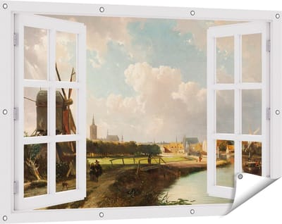 Gards Tuinposter Doorkijk Gezicht op Den Haag vanaf de Delftse Vaart in de Zeventiende Eeuw - Cornelis Springer - 120x80 cm - Tuindoek - Tuindecoratie - Wanddecoratie buiten - Tuinschilderij