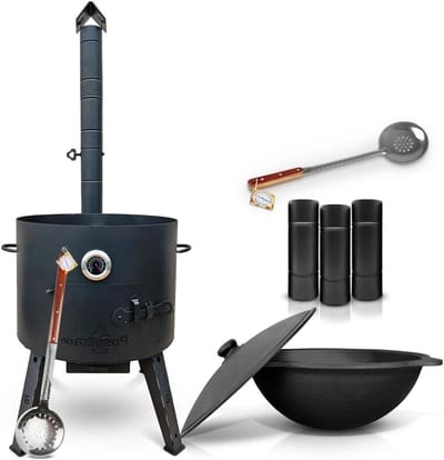 Buitenoven Set - Vuurkorf Kazan - Buiten Koken - Met Gietijzeren Pan - 22 Liter - Zwart