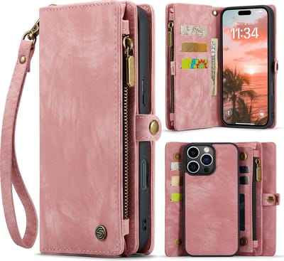 Geschikt Voor iPhone 16 Pro Hoesje - Solidenz Wallet Case 16 Pro - Telefoonhoesje 16 Pro - 16 Pro Case Met Pasjeshouder - Met Ritsvak - Met Polskoord - Portemonee Hoes - Roze
