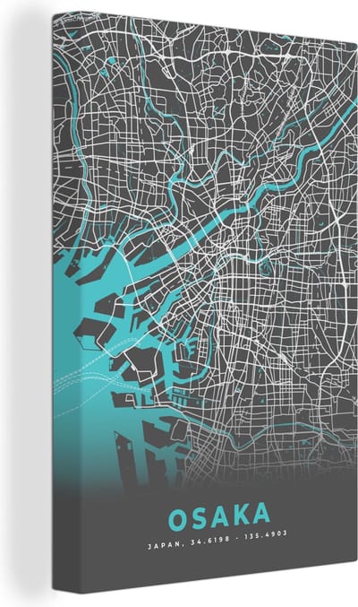 Canvas Schilderij Osaka - Kaart - Stadskaart - Plattegrond - Blauw - 20x30 cm - Wanddecoratie
