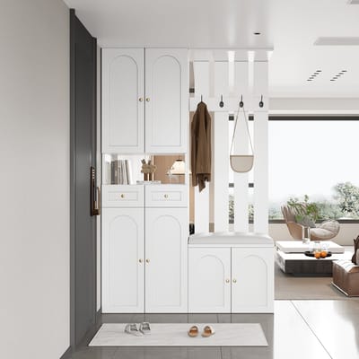 Garderobeset - 110x180x37 cm wit - 6 deuren & 2 laden & 4 haken - met zitbank & schoenenkast - anti-kipbeveiliging
