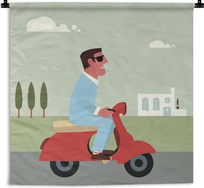 Wandkleed Vespa illustratie - Illustratie van een man op een rode Vespa Wandkleed katoen 120x120 cm - Wandtapijt met foto