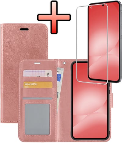Hoesje - Met Screenprotector - Geschikt voor Samsung Galaxy A56 - Luxe Pasjeshouder - Bookcase Portemonee - Flip Case - Kunstleer Book Case - Flipcase - Book Cover - Walletcase - Portemonneehoes - Rosé goud