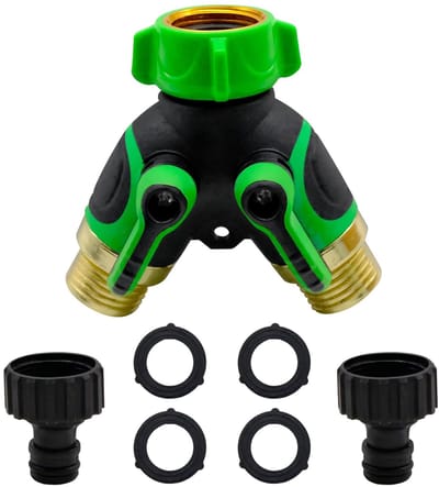 Dailygoods - Tuinkraan Splitter 2-weg Twin Tap Connector 3/4" slangaansluiting dubbele uitlaat tuin Y-type slangconnector waterslang met individuele aan/uit en 2 snelkoppelingen voor slangpijp