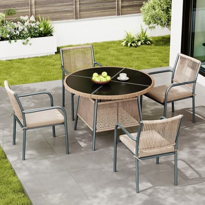 MIVRAY Tuinmeubelset 5-Delig 110x74 cm - Ronde Glazen Tafel Met 4 Stoelen Met Kussens - Voor Terras Balkon En Tuin - IJzer Grijs
