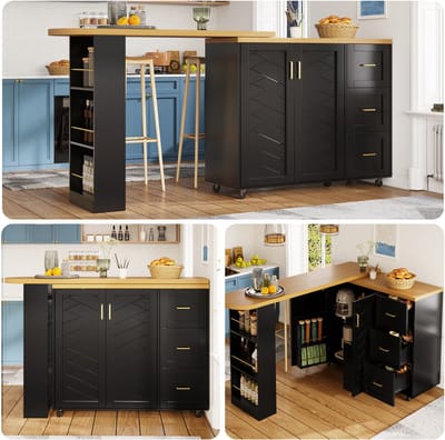 Uitschuifbare Barwagen 135-228x39x104 cm Zwart Mobiele Bar Kast met 2 Deuren 3 Lades MDF Metaal Keuken Eiland Bartafel met Houtlook Werkblad