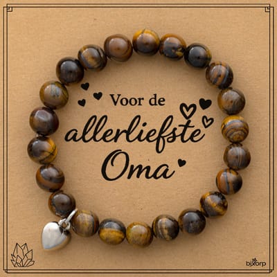 Bixorp Tijgeroog Armband op Cadeau Kaartje - Voor de Allerliefste Oma - 8mm / 17cm Edelsteen Kralenarmband - Met hartje Hanger - Inclusief Cadeau Envelop