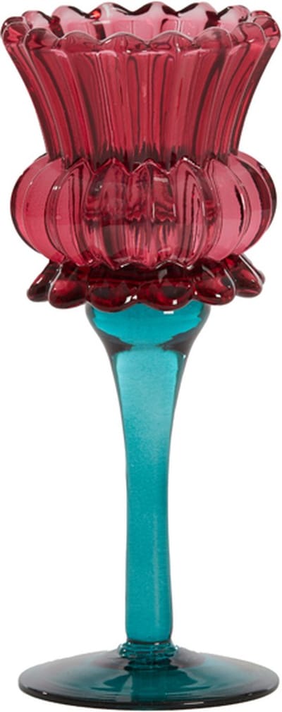 Theelicht op voet Ø8x19 cm FLOWI glas petrol roze