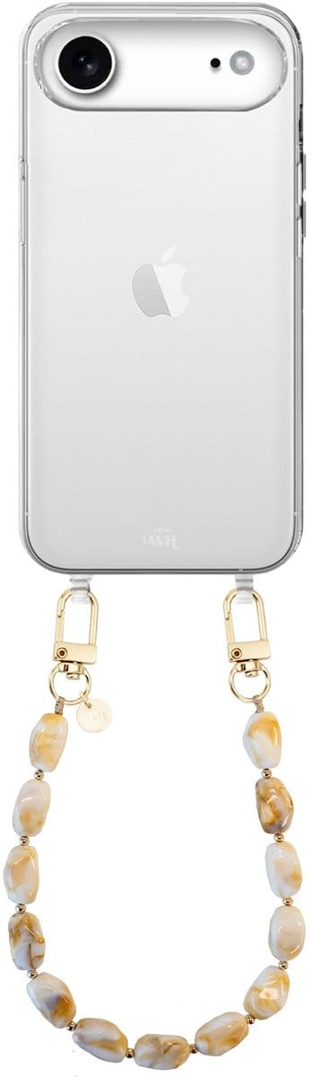 xoxo Wildhearts telefoonhoesje geschikt voor iPhone 17 Air - Moonlight (kort koord) - siliconen hoesje met koord - Backcover met telefoonkoord - Telefoonhanger stenen ketting - Beige / Wit
